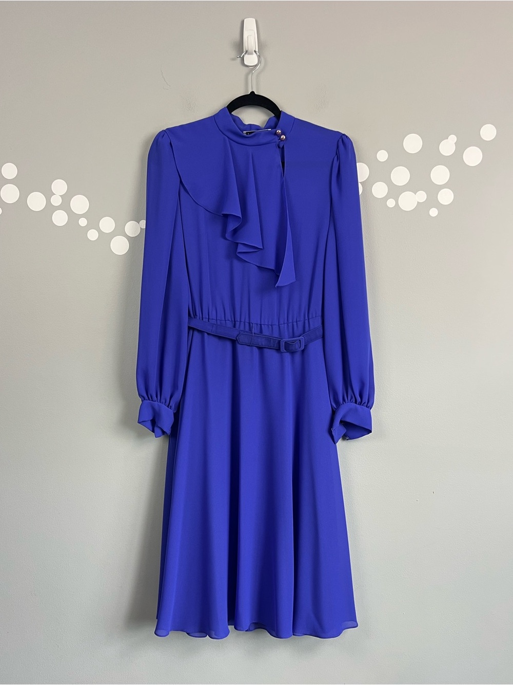 Vintage Noel Sophisticates Blue Chiffon Midi Dress Belted Ruffle